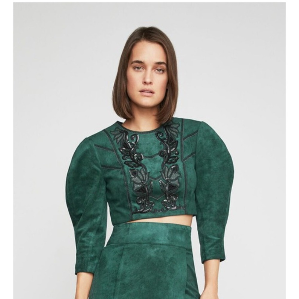 BCBGMaxazria Faux Suede 3/4 Sleeve Embroidered Crop Top Sz S Green Zip Back